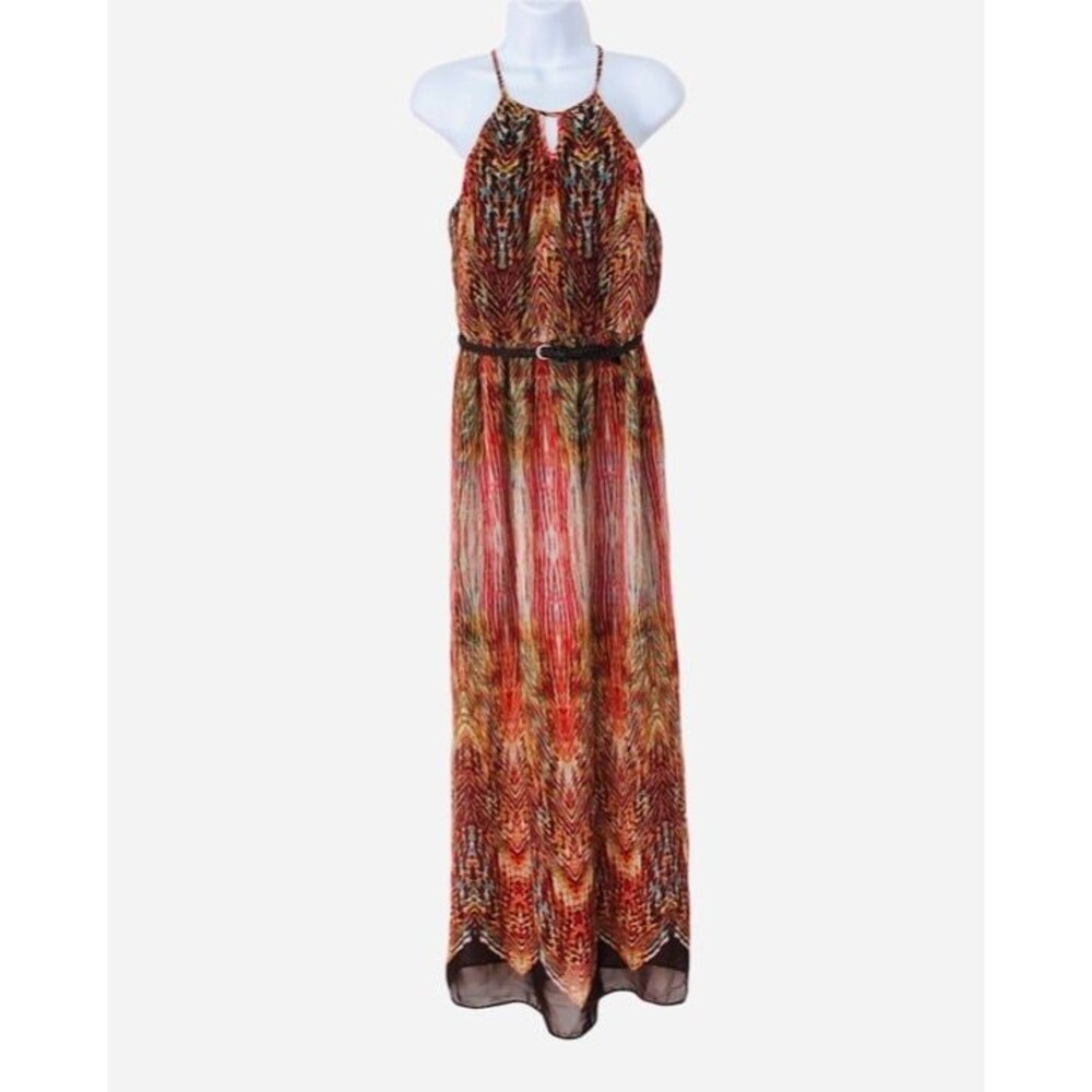 As U Wish Maxi Belted Multi Color Chiffon Lined Halter Neck Dress Women Small